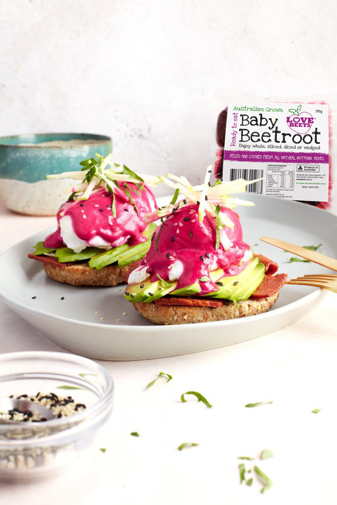 Avocado Eggs Benedict with Beet Hollandaise Love Beets